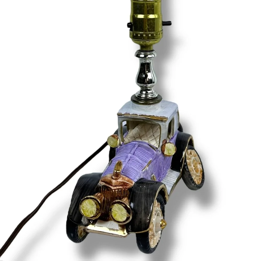 Vintage Ceramic Hand Painted Purple Antique Car Buggy Lamp 